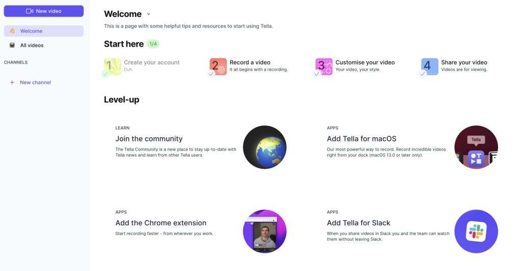 Account settings page post-login. Presented with ~8 options and a sidebar with 3 items. There's a Start here walkthrough with step one completed, and step 2 (record a video), step 3 customise your video, and step 4, share your video.