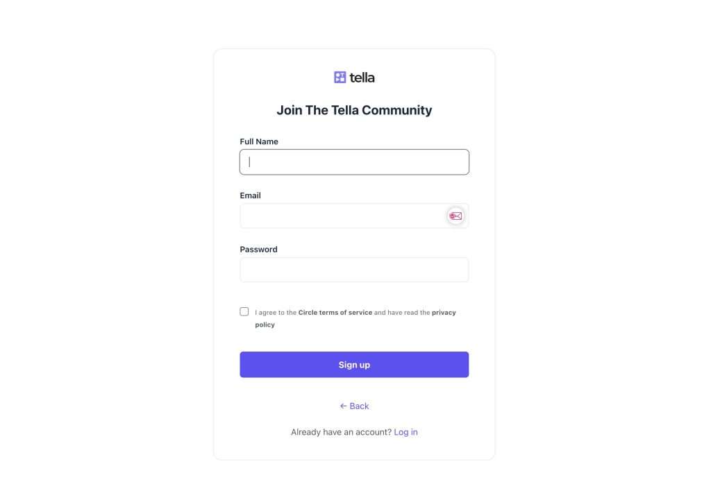 Form requesting full name, email, and password, along with a 'I agree to terms of service and privacy policy' checkbox.
