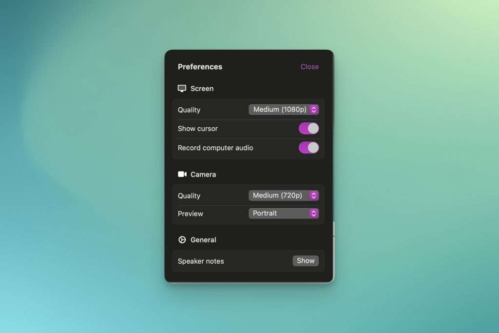 Preferences window from the Tella Mac app. Has Screen quality, camera quality, and a speaker notes option.