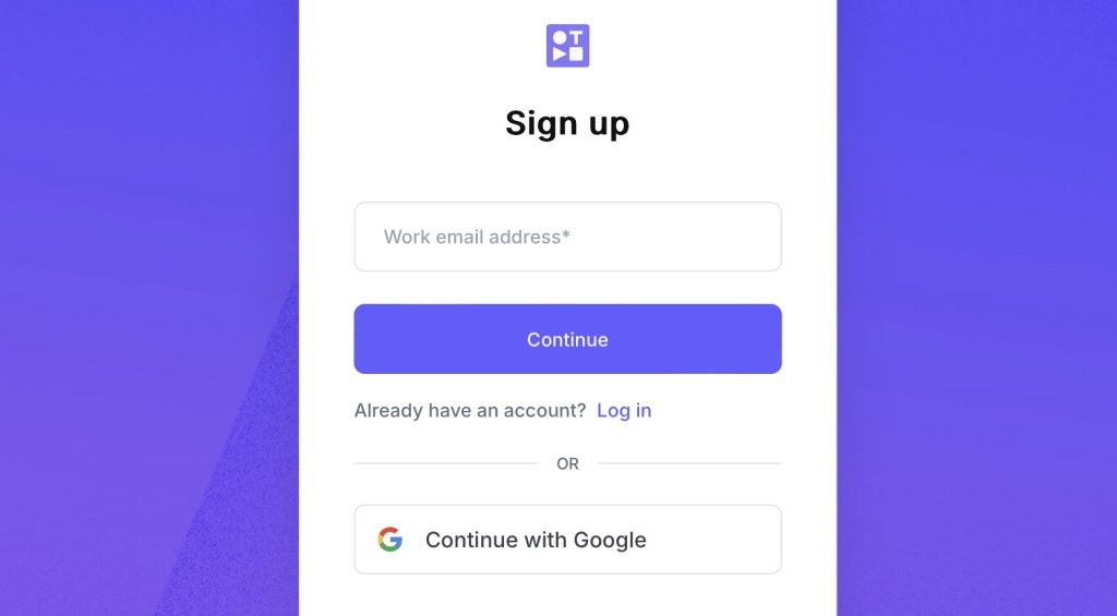 Signup page with Google login option and requests a work email address