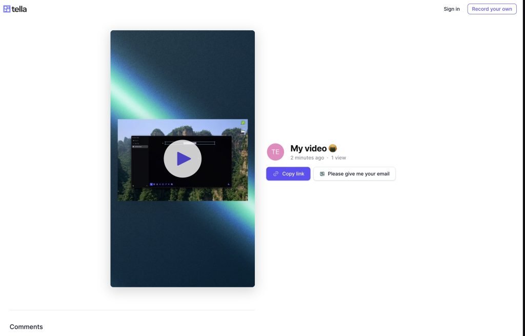 Screenshot of the screen clients or end users would get when I share the video with them. Has a portrait video displayed on the left, with a video title, copy link, and 'Please give me your email' button on the right.