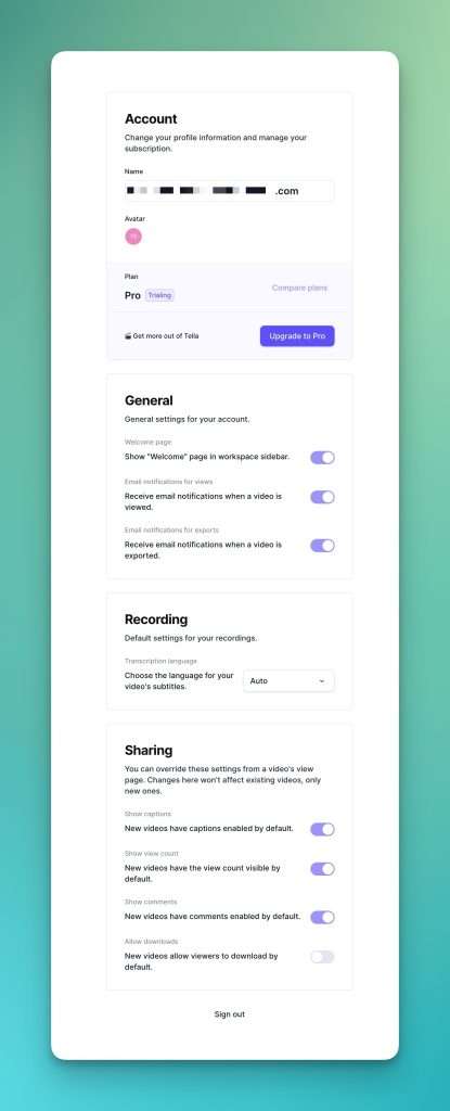 Long screenshot of account settings page with Account, General, Recording, and Sharing options for the account.