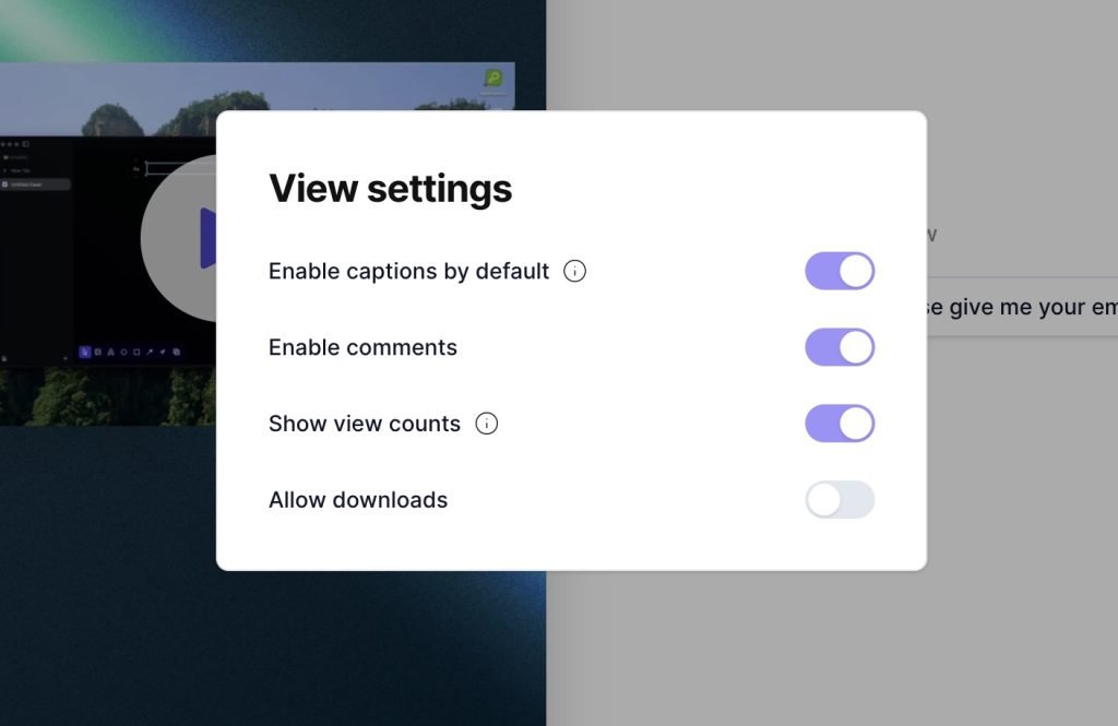 View settings Lightbox popped up after editing the video in the Tella studio. Has options for captions by default, comments, showing view counts, and allowing downloads.