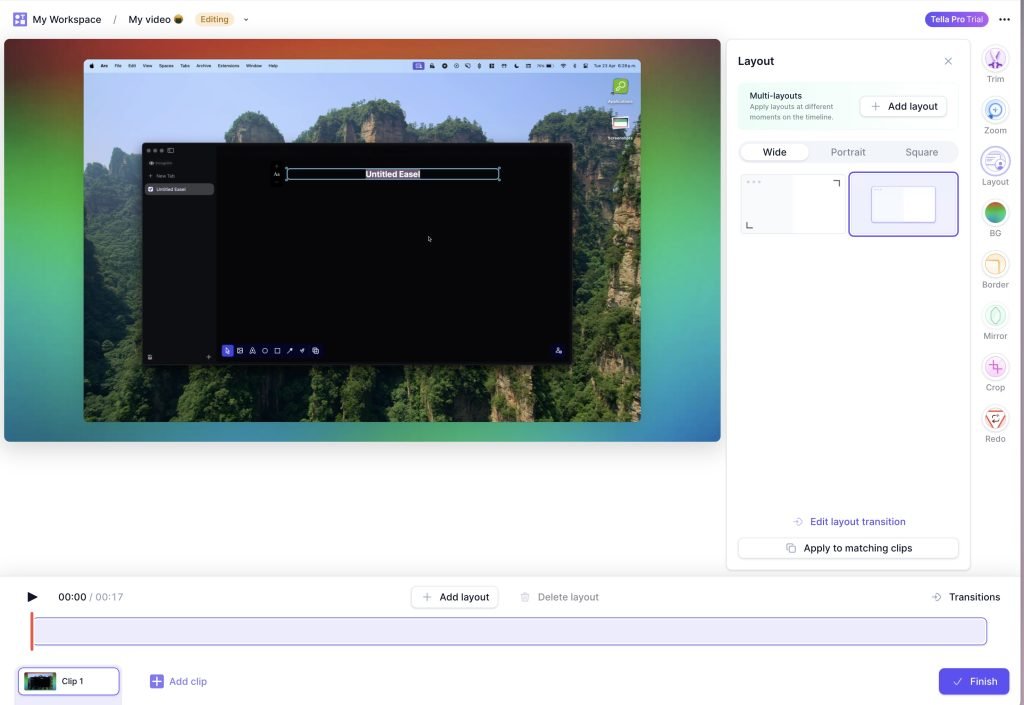 Screenshot of the editing window in Tella, it's a browser window with the editing studio of Tella displayed. There are about 8 icons on the left with options like trim, zoom, layout, border, mirror, crop, and more.